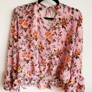 TOPSHOP pink floral blouse with ruffle sleeves